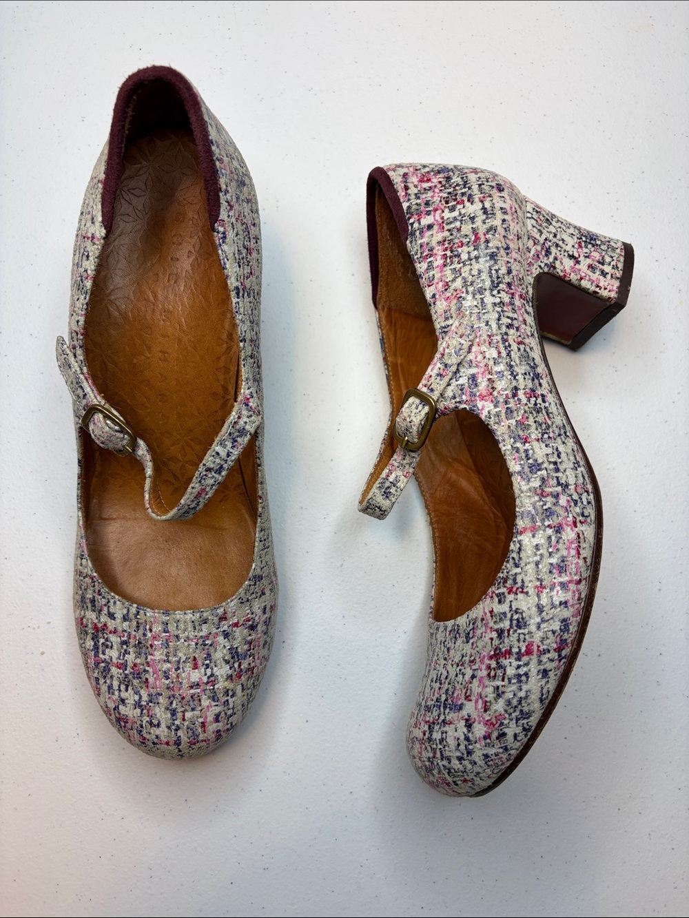 Chie Mihara Troc Tweed Leather Mary Jane Block Heels 38.5